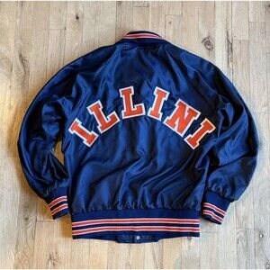 Vintage 70s University of Illinois Fighting Illini Satin Nylon Bomber Jacket M